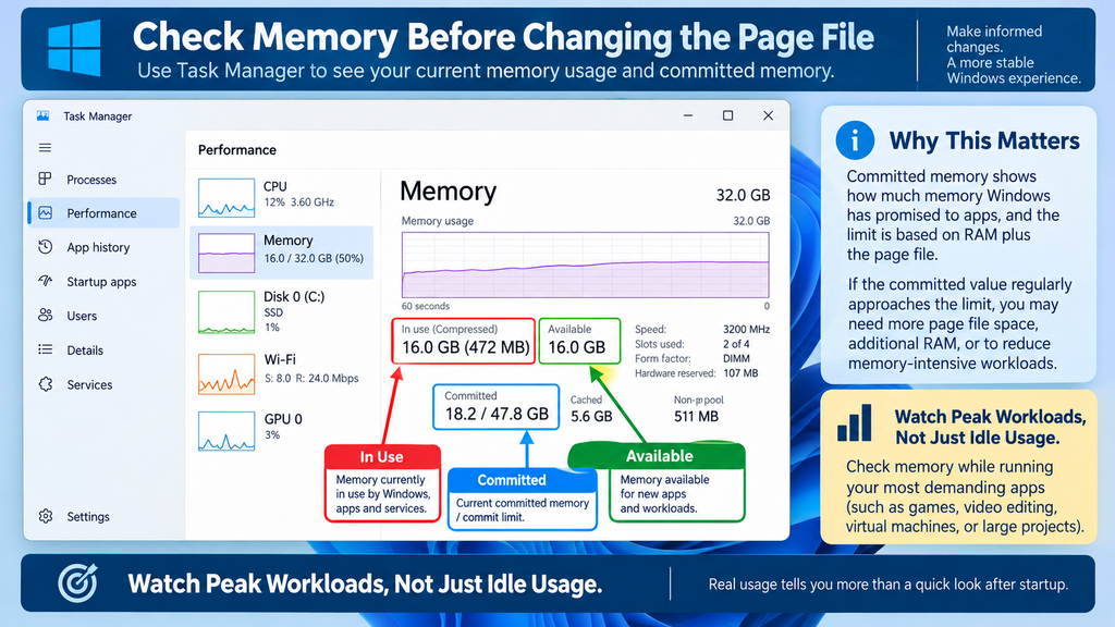 Windows Task Manager Memory tab showing how to check committed memory before changing virtual memory.