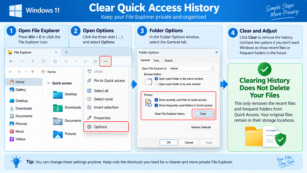 Windows 11 File Explorer Options showing how to clear Quick Access recent files and frequent folders.
