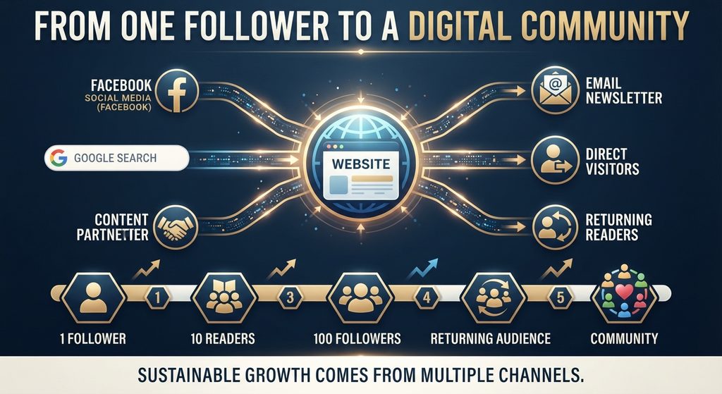 Digital growth infographic showing how a first Facebook follower can develop into a wider online community.
