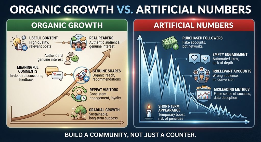 Infographic comparing organic Facebook growth with artificial follower numbers.