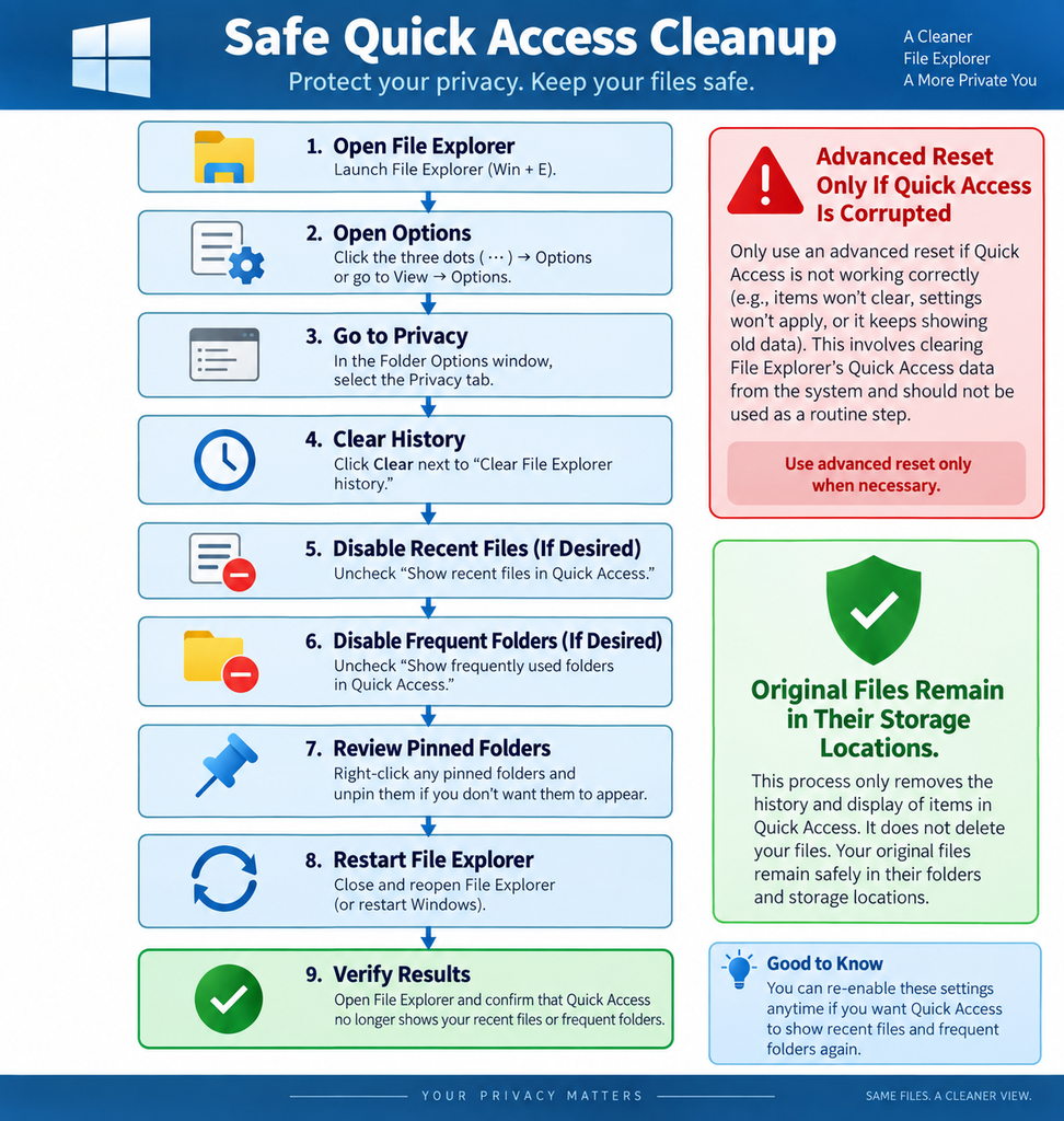 Safe workflow for clearing Quick Access history and managing recent files and frequent folders in Windows.