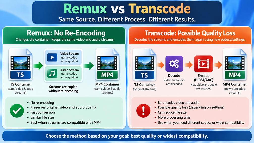 Difference between remuxing and transcoding TS files to MP4