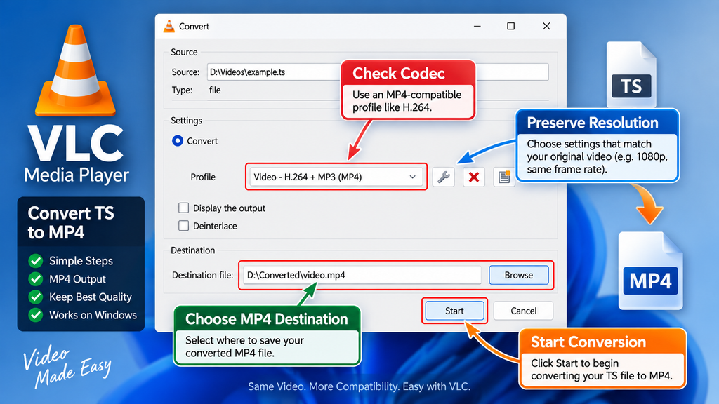 VLC settings for converting a TS video file to MP4