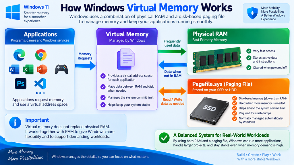 Diagram explaining how Windows virtual memory uses RAM and the pagefile.sys paging file.