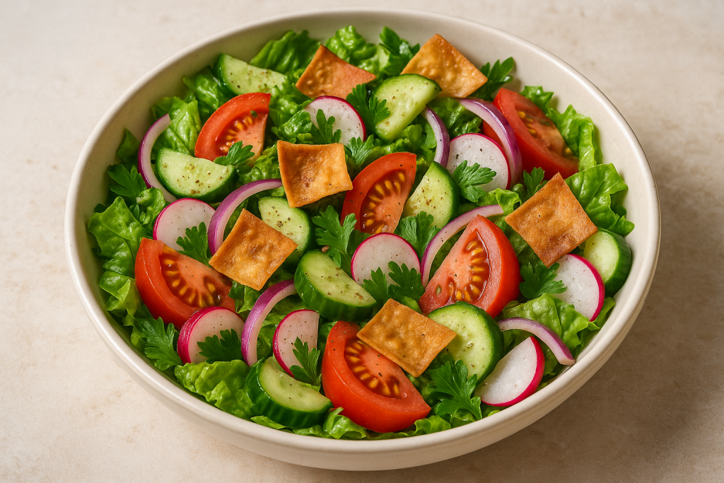 Fattoush is a vibrant, crunchy salad from Lebanon and Syria, known for its toasted pita bread, fresh herbs, and tangy dressing.