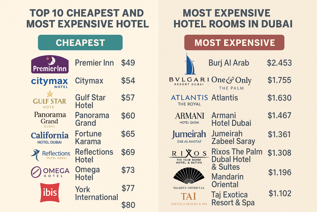 Top 10 Cheapest and Most Expensive Hotel Rooms in Dubai
