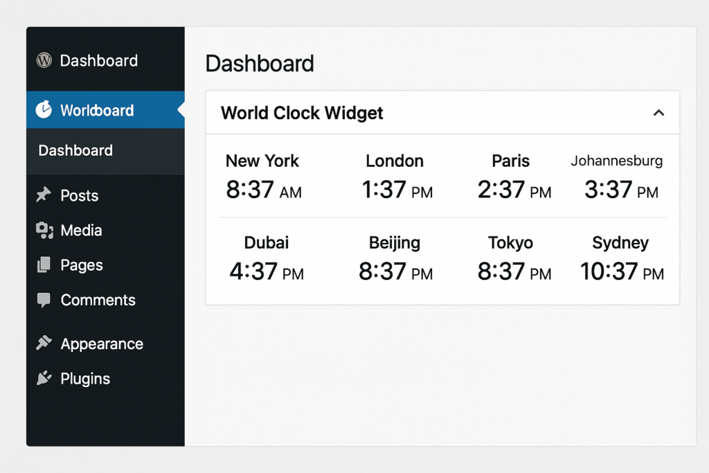 World Clock for All Continents For WordPress Dashboard