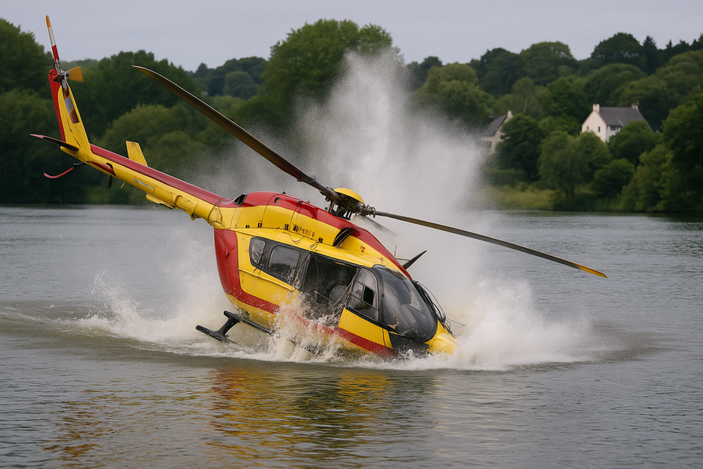 Helicopter Crash in France During Water Scoop at Rosporden Lake