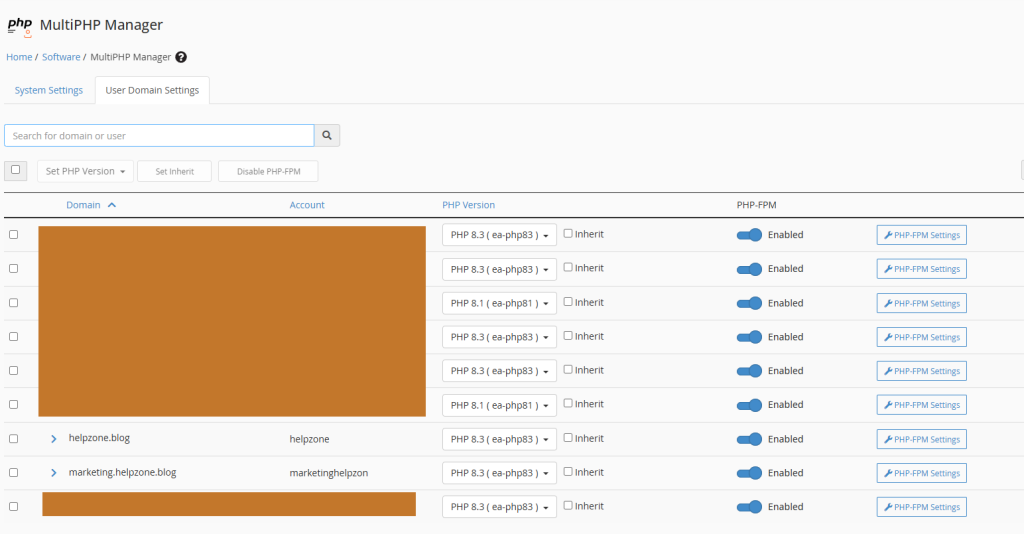 Updating System PHP Version Global for All Inherited Domains