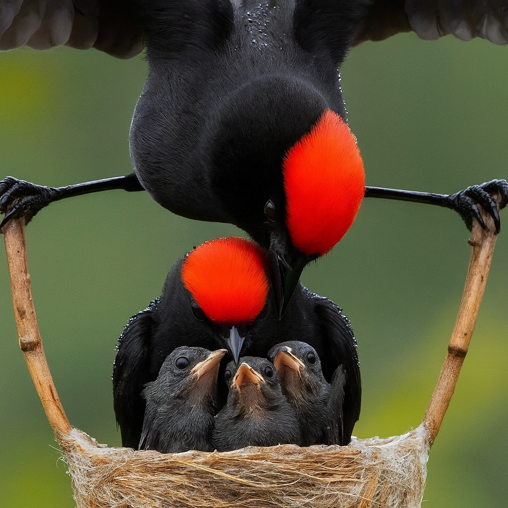 Scarlet-headed Blackbird Parenting in the Rain