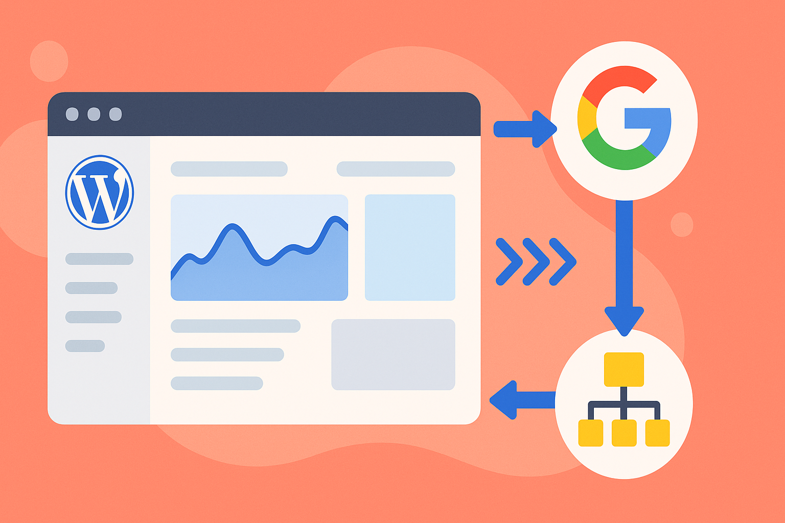 A modern digital illustration of a WordPress dashboard with the Google Search Console logo, a sitemap icon, and arrows showing fast indexing. Vibrant colors, clean flat design, minimalistic style, SEO and technology theme, 16:9 ratio, high resolution.
