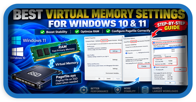 Best virtual memory settings for Windows 10 and Windows 11 showing RAM, SSD, and pagefile configuration.