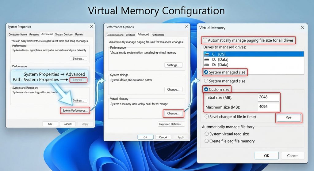 Windows Virtual Memory settings showing system-managed and custom page file options.