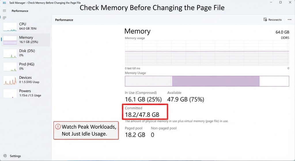 Windows Task Manager Memory tab showing how to check committed memory before changing virtual memory.