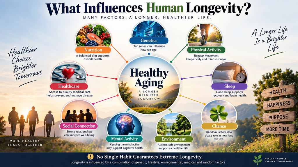Educational infographic showing genetic, lifestyle, healthcare, environmental, and social factors associated with human longevity.