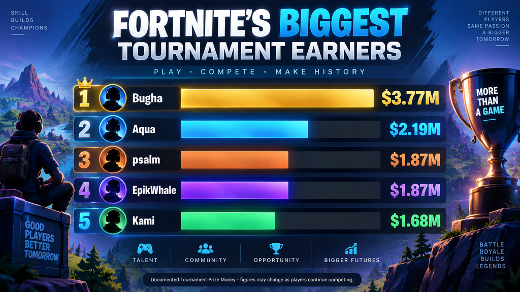 Comparison of tournament prize money earned by the five highest-earning Fortnite players