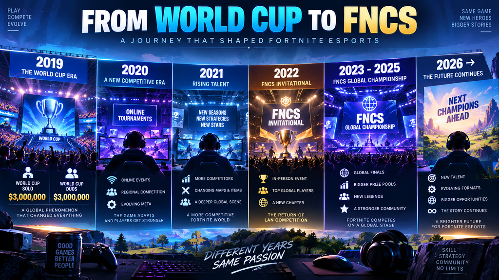 Timeline showing the evolution of competitive Fortnite from the 2019 World Cup to modern FNCS tournaments