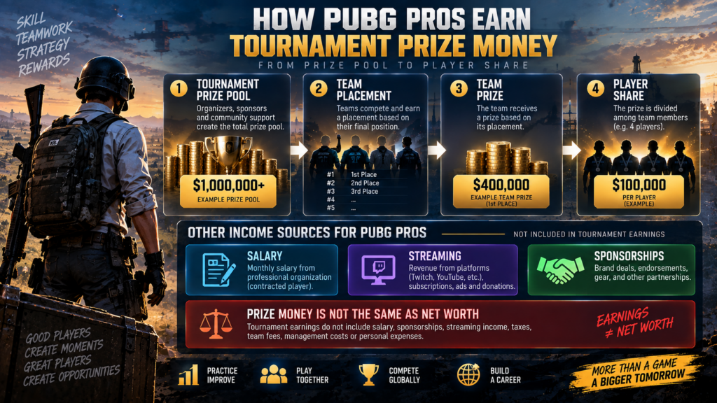 Diagram explaining PUBG professional player tournament earnings and prize money.