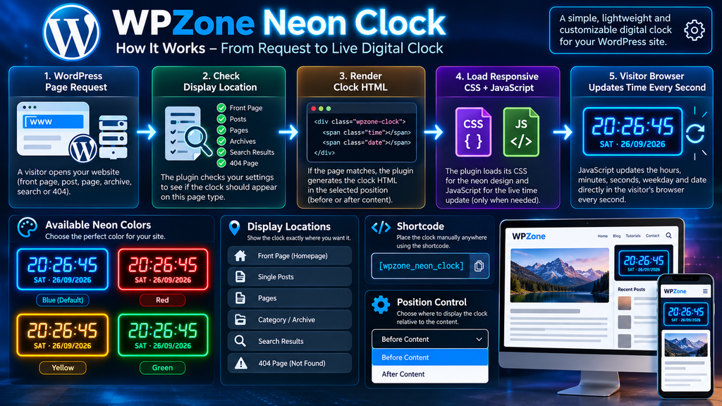 Diagram explaining how WPZone Neon Clock works in WordPress