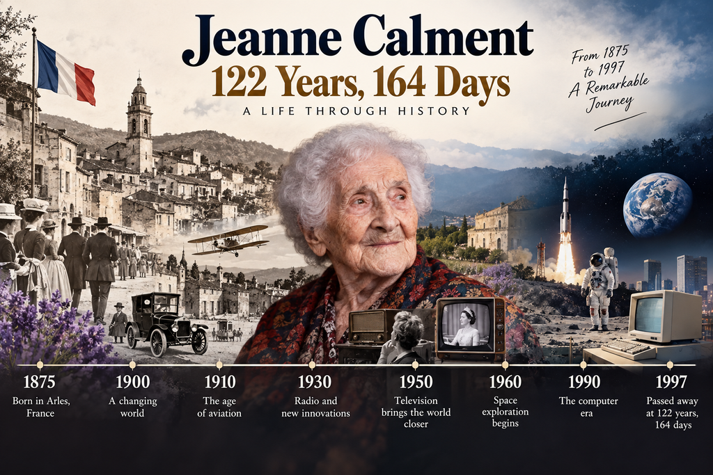 Historical timeline illustrating Jeanne Calment's verified lifespan of 122 years and 164 days.
