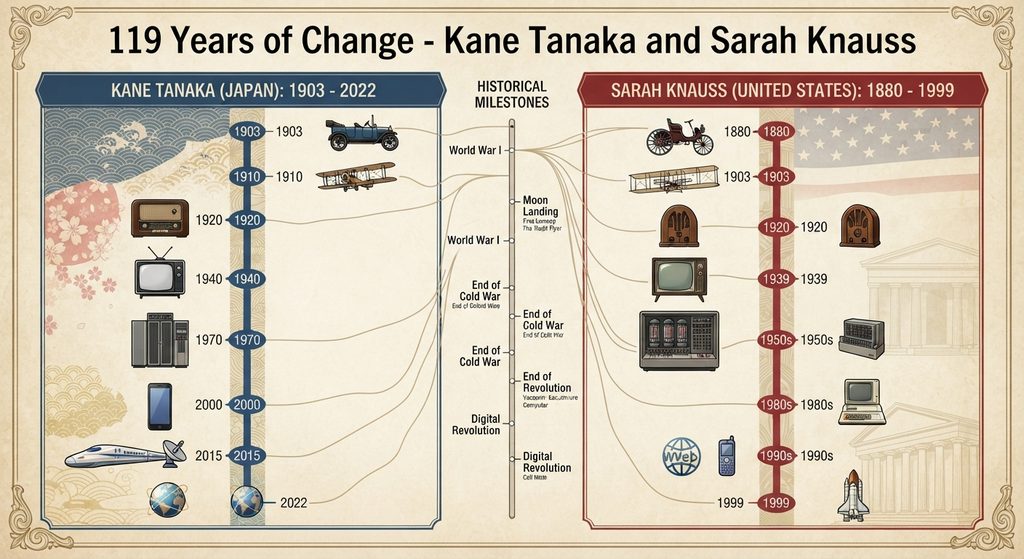 Timeline comparing the extraordinary lifespans of Kane Tanaka and Sarah Knauss.