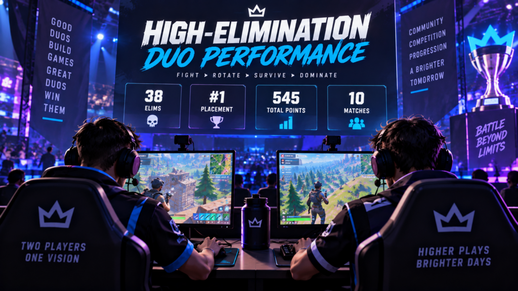 Fortnite competitive duo analyzing a coastal landing spot