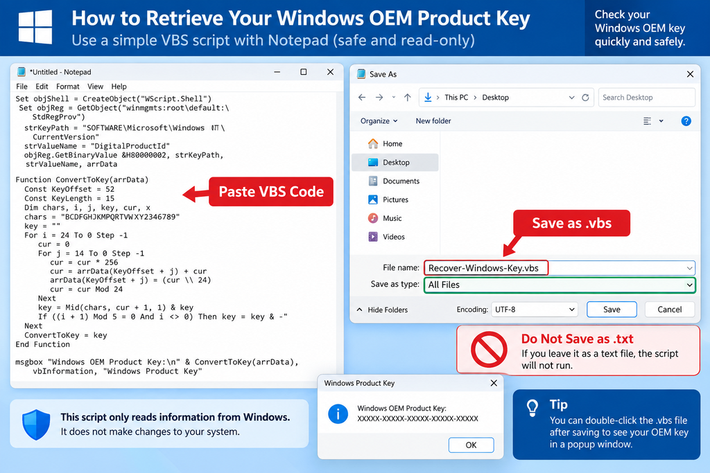 Creating a VBS file in Notepad to recover a Windows product key
