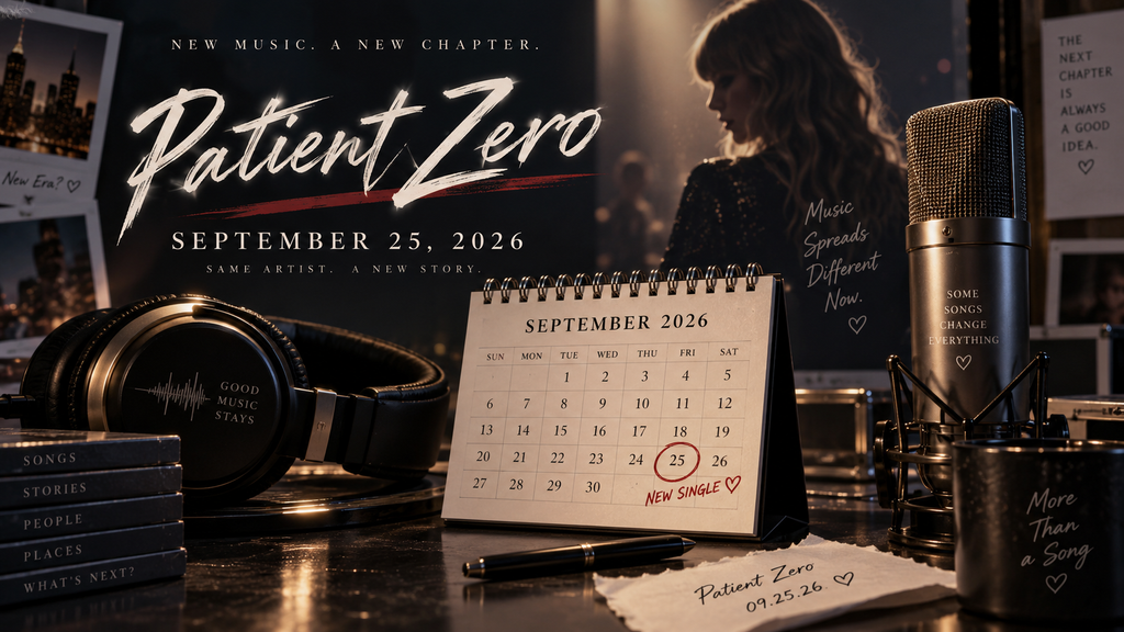 Editorial graphic illustrating Taylor Swift’s Patient Zero single release scheduled for September 25, 2026.