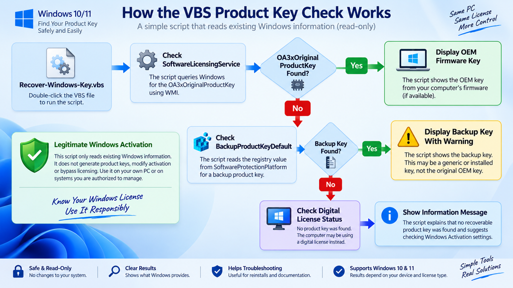 Diagram showing how a VBS script checks for a Windows OEM product key and digital license