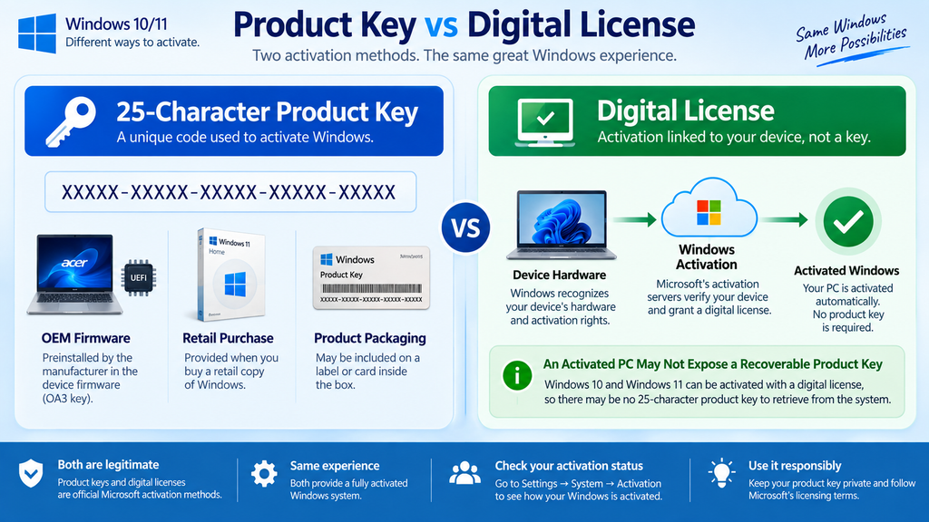 Comparison between a Windows product key and a Windows digital license