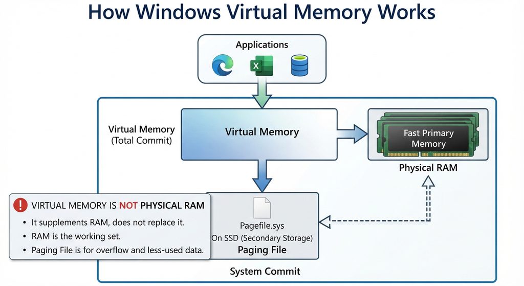 Diagram explaining how Windows virtual memory uses RAM and the pagefile.sys paging file.