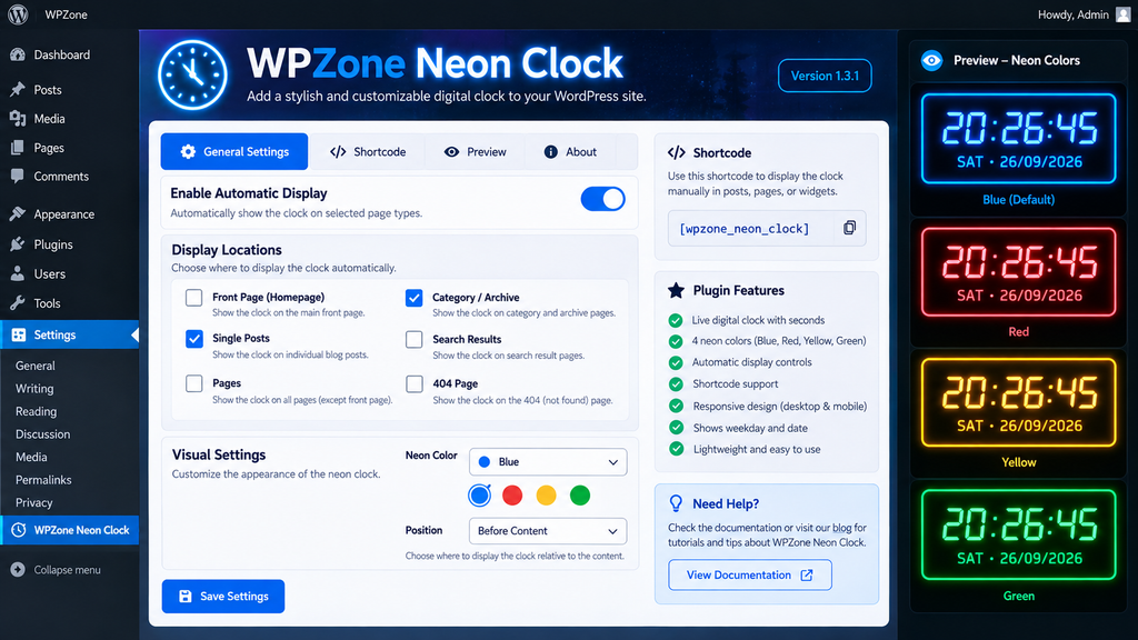 WPZone Neon Clock automatic display and color settings in WordPress