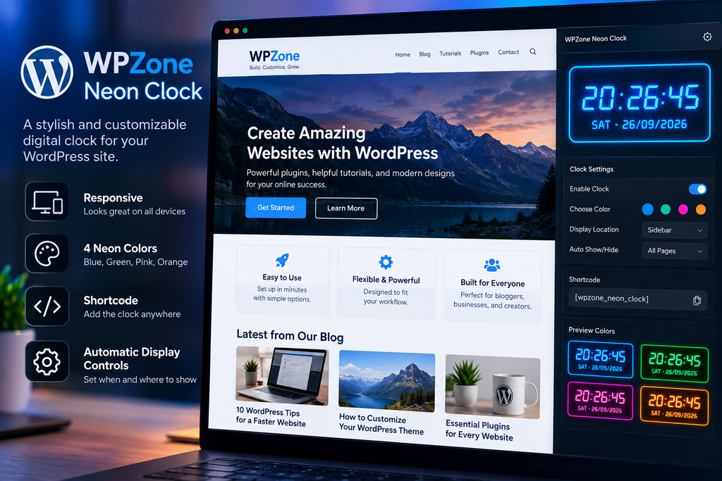 WPZone Neon Clock responsive digital clock plugin for WordPress