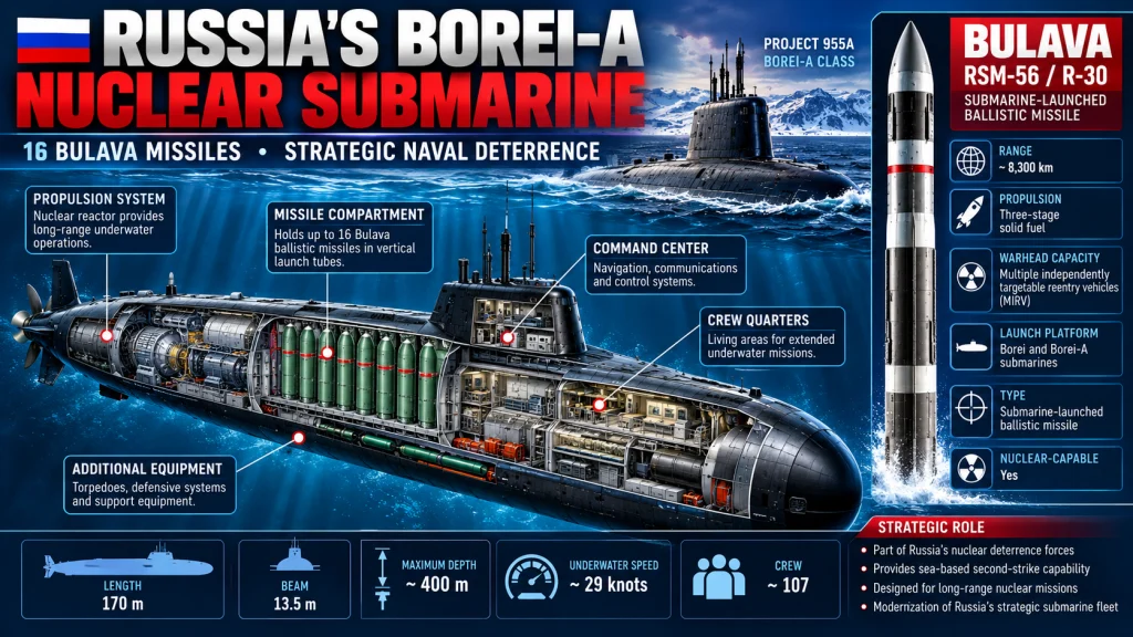 Educational diagram illustrating a Borei-A nuclear-powered submarine and its Bulava ballistic missile launch system.