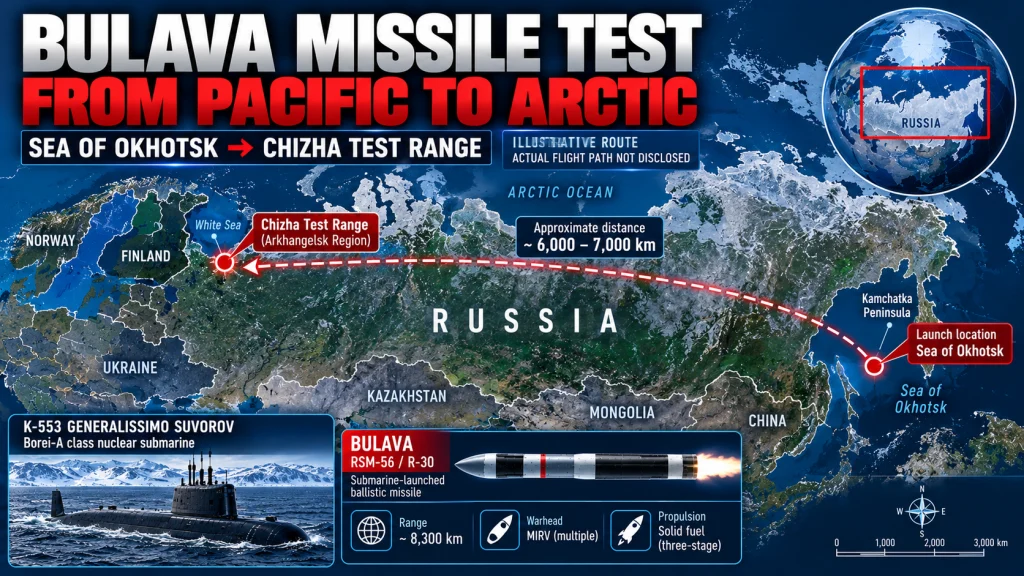 Illustrative map showing the reported Bulava missile launch region in the Sea of Okhotsk and the Chizha test range in northern Russia.