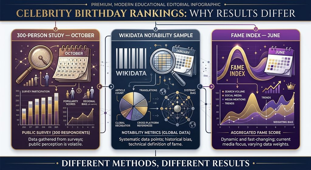 Comparison of celebrity birthday research showing how October, January, and June lead under different methodologies.