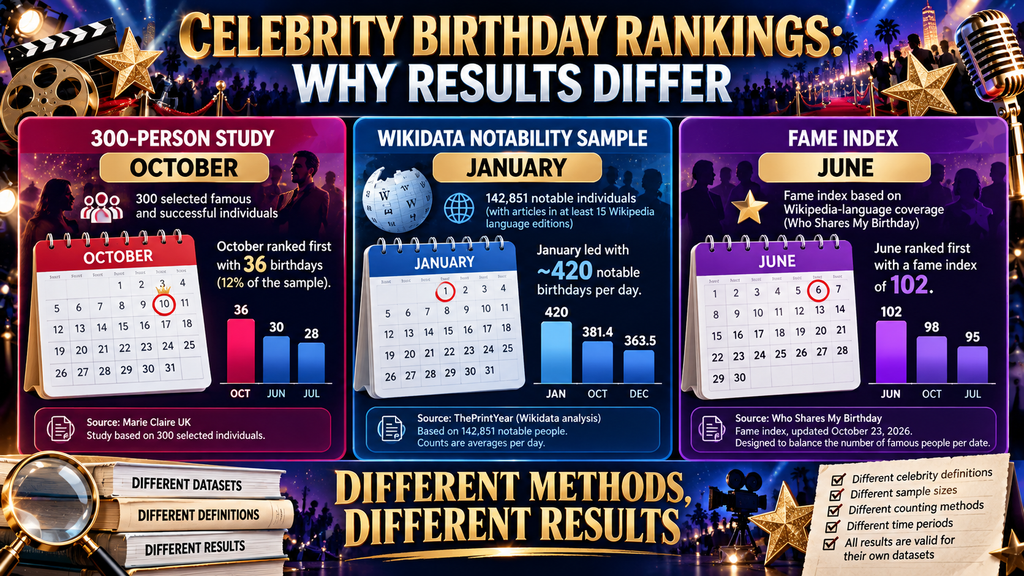 Five-step infographic explaining how to research and compare celebrity birthdays by month.