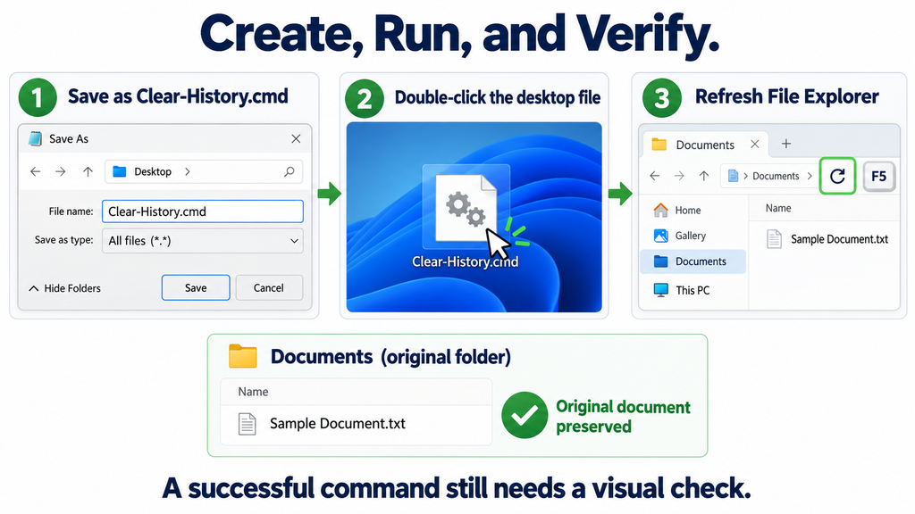 Three steps showing how to save Clear-History.cmd, run it, and verify the File Explorer result.