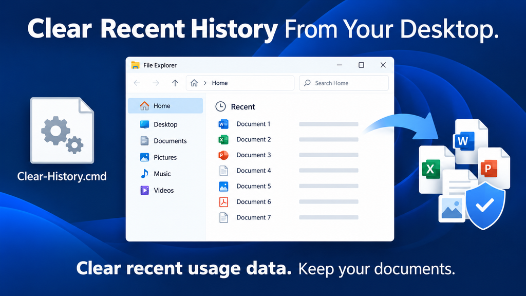 Desktop command file named Clear-History.cmd beside a Windows File Explorer recent-items panel.