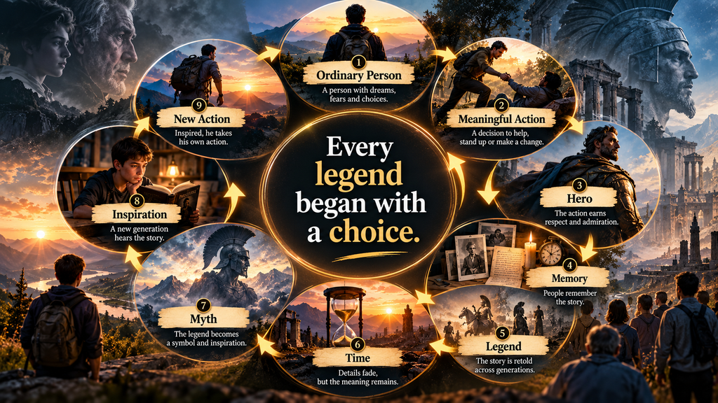 Circular infographic illustrating how action creates heroes, memory creates legends, time creates myths, and stories inspire new action.