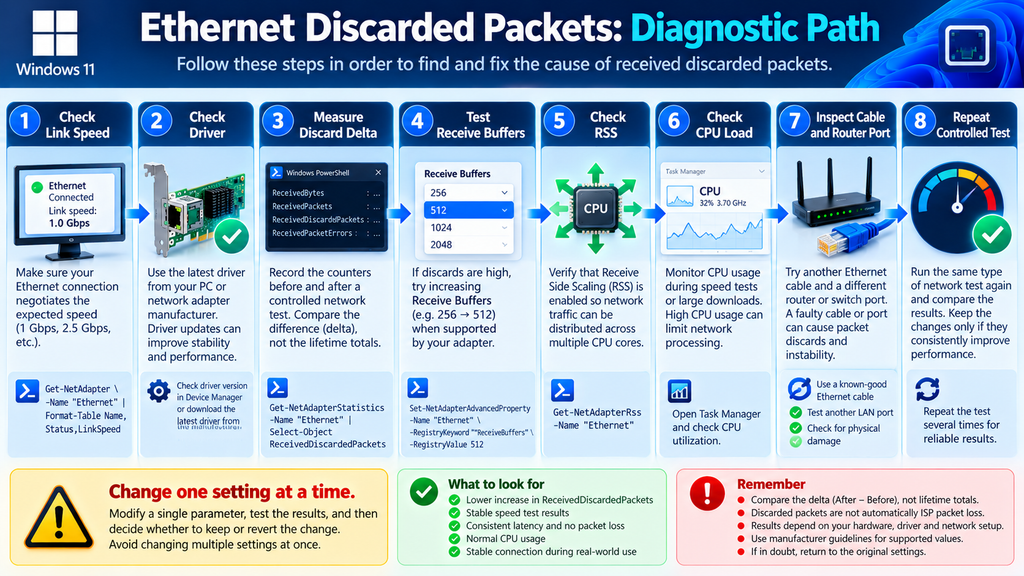 Troubleshooting workflow for Ethernet discarded packets in Windows 11.