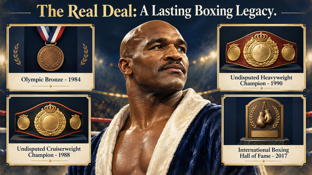 Birthday tribute showing four milestones from Evander Holyfield’s boxing career.