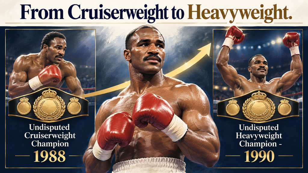 Illustration marking Evander Holyfield’s undisputed championships at cruiserweight in 1988 and heavyweight in 1990.