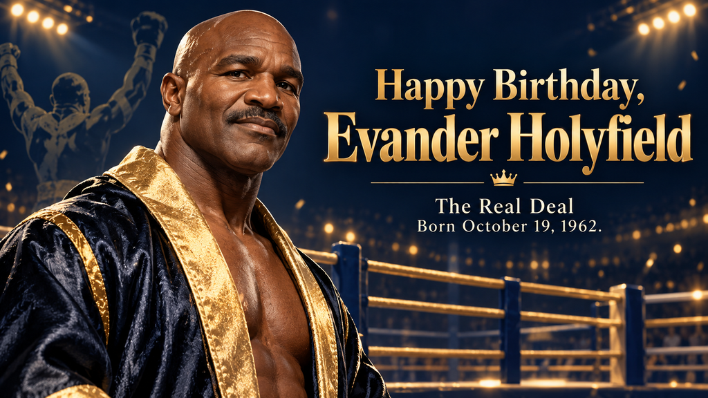 Illustrated birthday tribute to Evander Holyfield, born October 19, 1962.