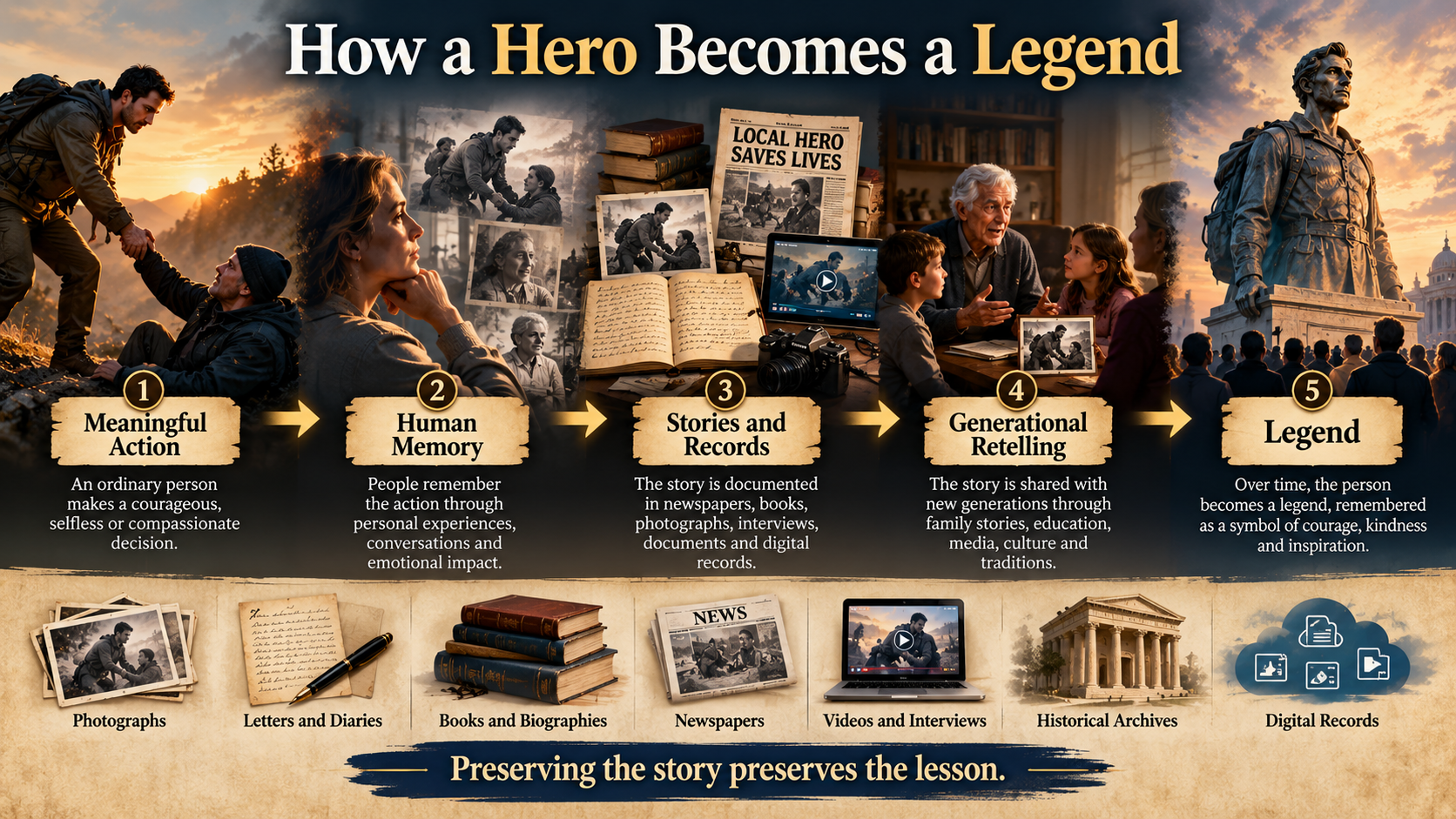 Infographic showing how meaningful actions are preserved through memory, records and storytelling until a hero becomes a legend.