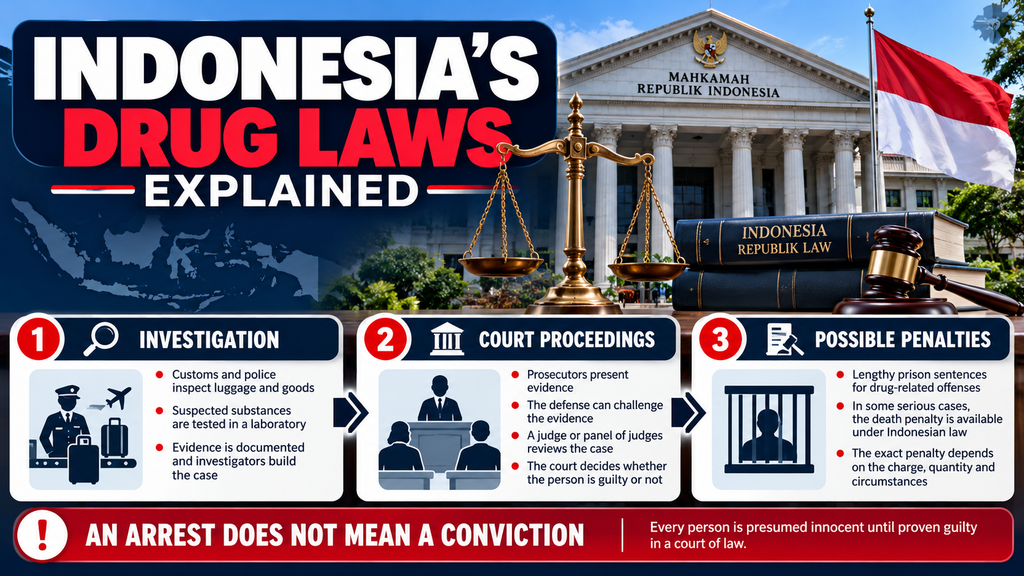 Educational illustration explaining Indonesian drug laws, criminal investigations, court proceedings, and possible legal penalties.