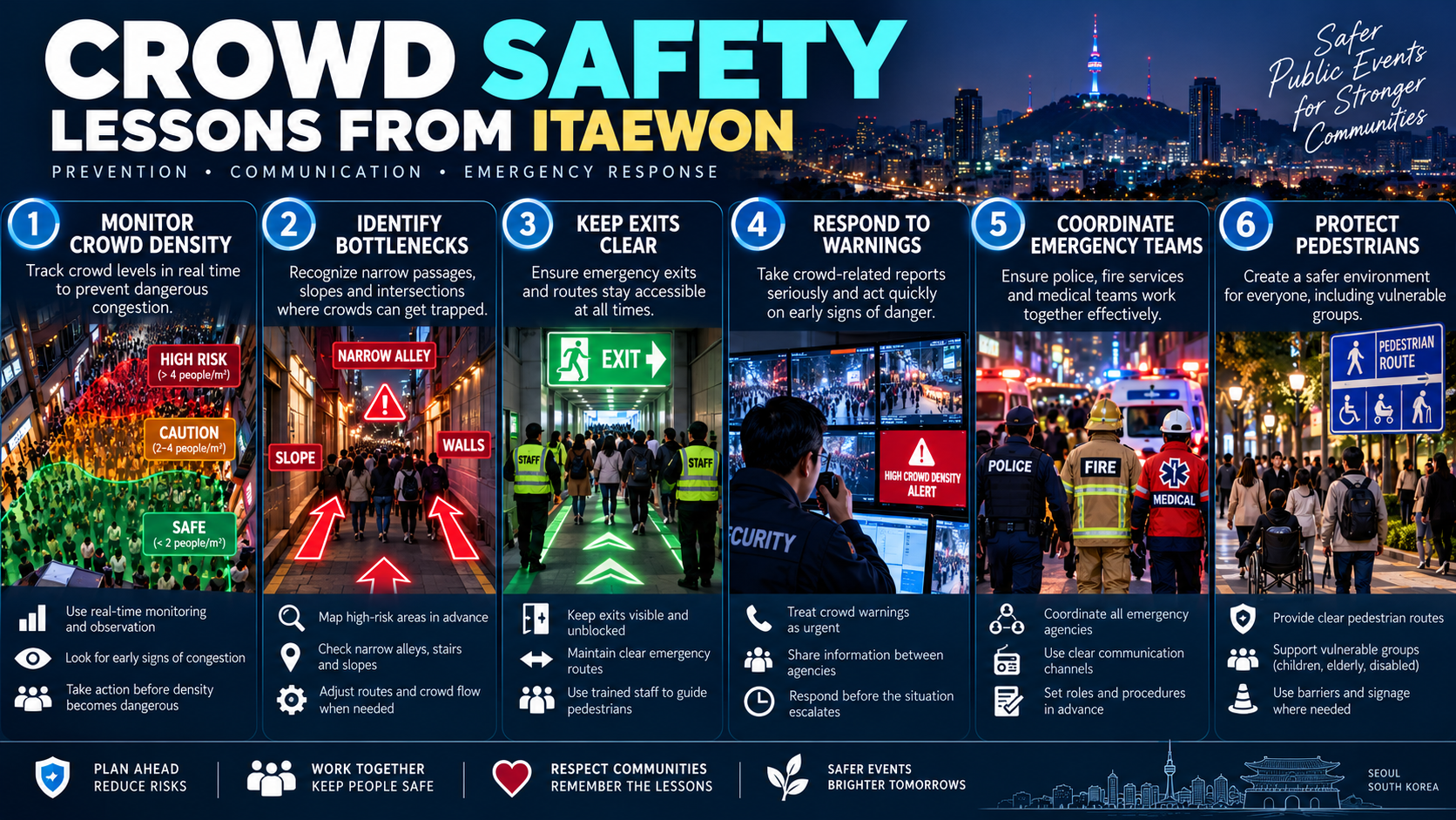 Educational infographic explaining six crowd safety principles inspired by the 2022 Itaewon Halloween crowd crush in Seoul.