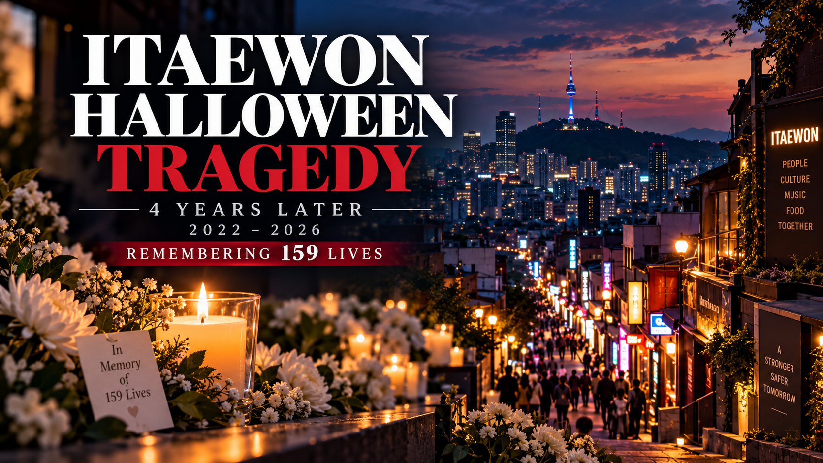 Memorial illustration marking four years since the Itaewon Halloween tragedy in Seoul, South Korea, remembering 159 people who died in 2022.