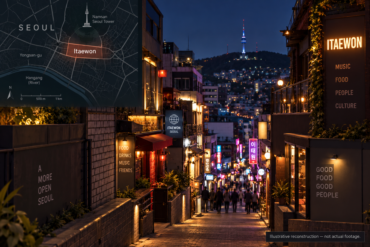 Editorial illustration of the narrow alley in Seoul's Itaewon district associated with the October 29, 2022 Halloween crowd crush.