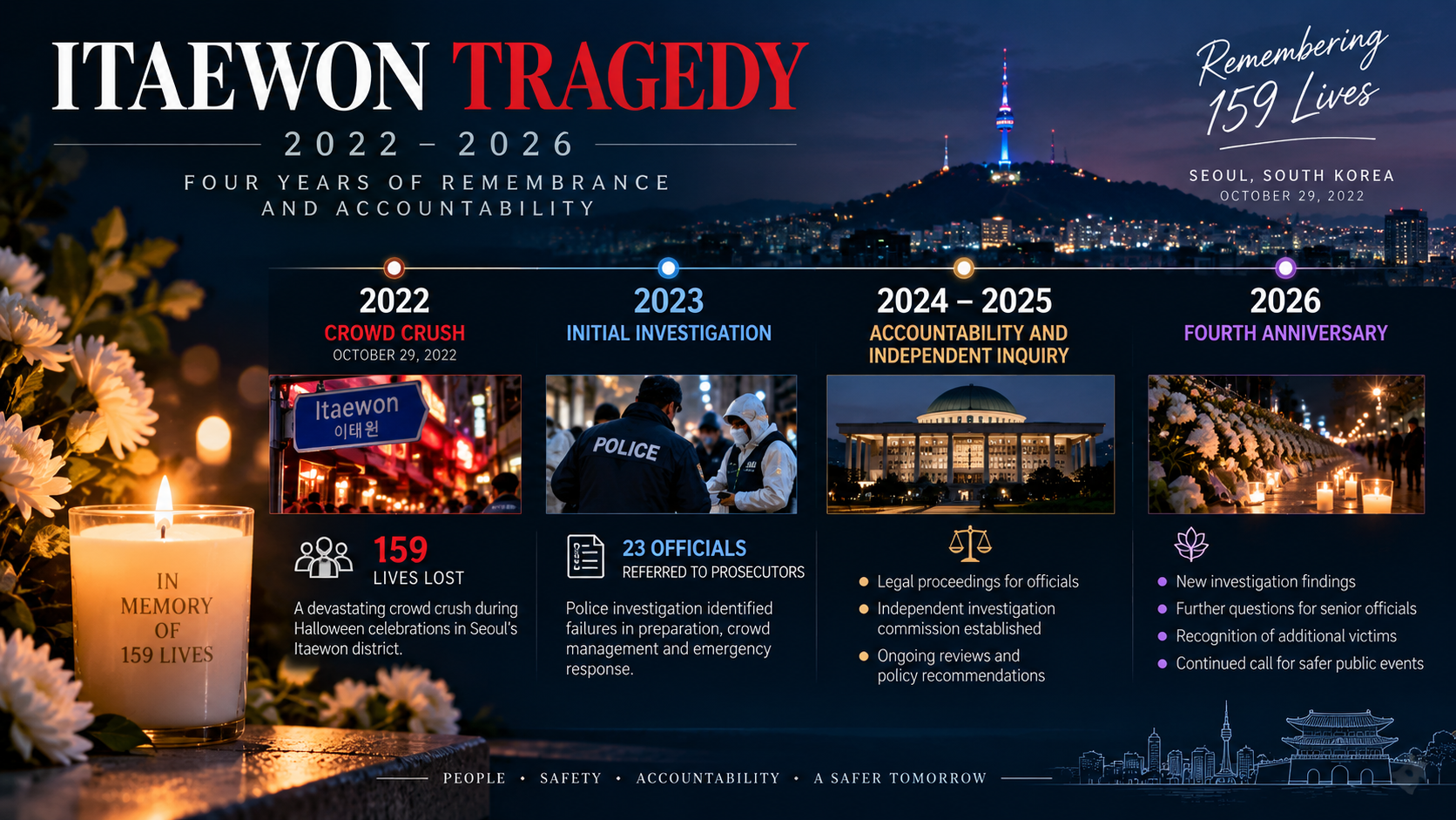 Editorial timeline illustrating the Itaewon Halloween disaster in 2022, subsequent investigations, and its fourth anniversary in 2026.